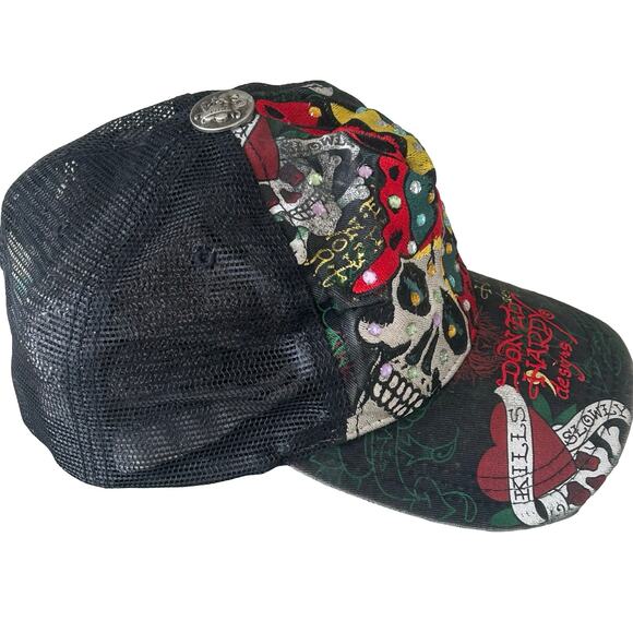 Y2K Vintage Ed Hardy Christian Audigier Bling Skull Snap Back Trucker Cap - Picture 3 of 11